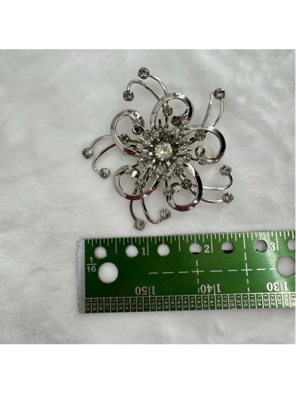Silver Flower Brooch Pin Rhinestones Vintage Whimsical Midcentury Starburst